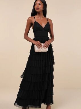 Lulus Radiant Event Black Mesh Tiered Pleated Backless Maxi Dress